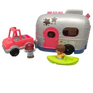 Little people gray camper, orange truck, green kayak, 2 male figure sounds work